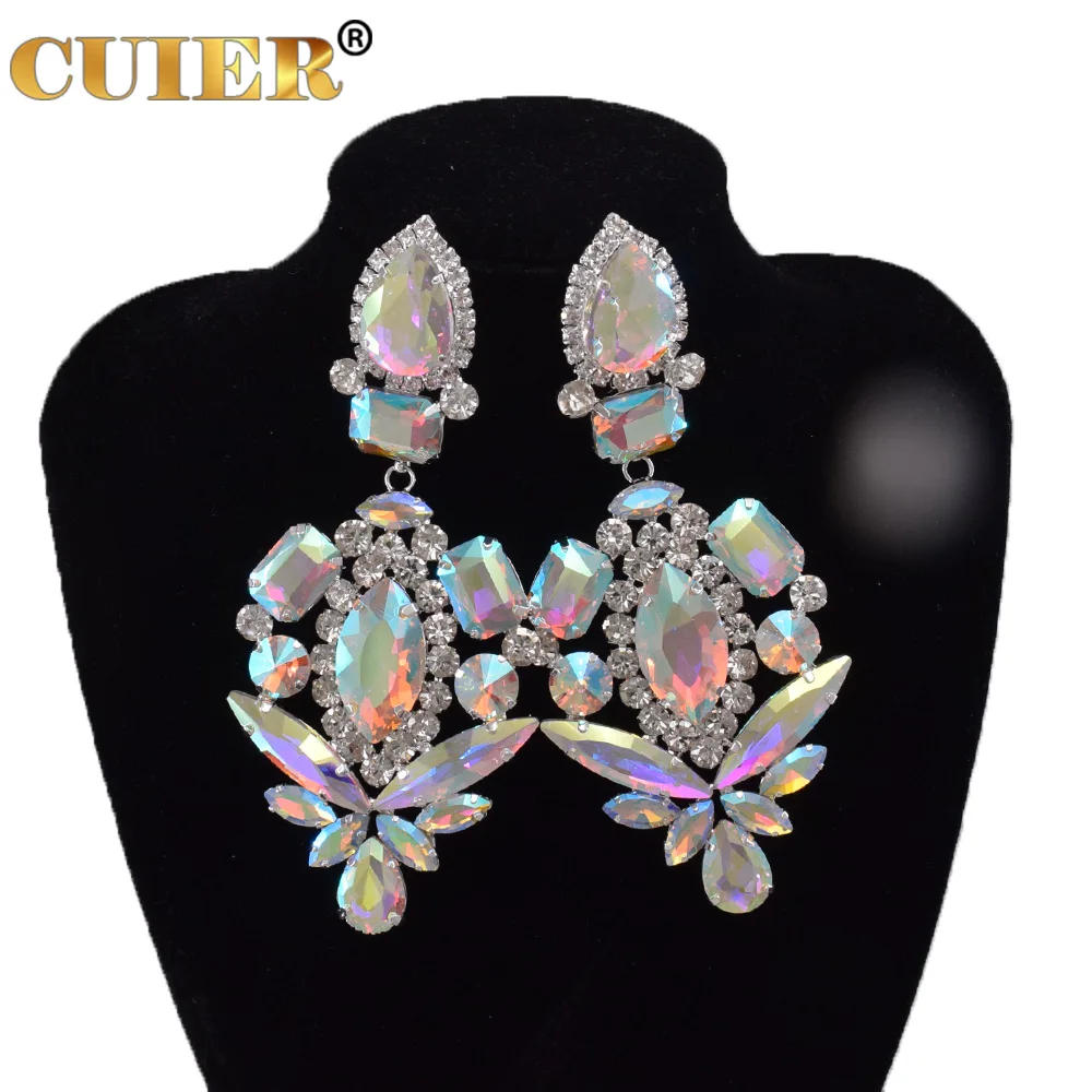 Clip on Huge Size Glass Strass Crystal Dangle Long Earring for Drag Queen Women Wedding Jewelry Heavy Stage Accessories