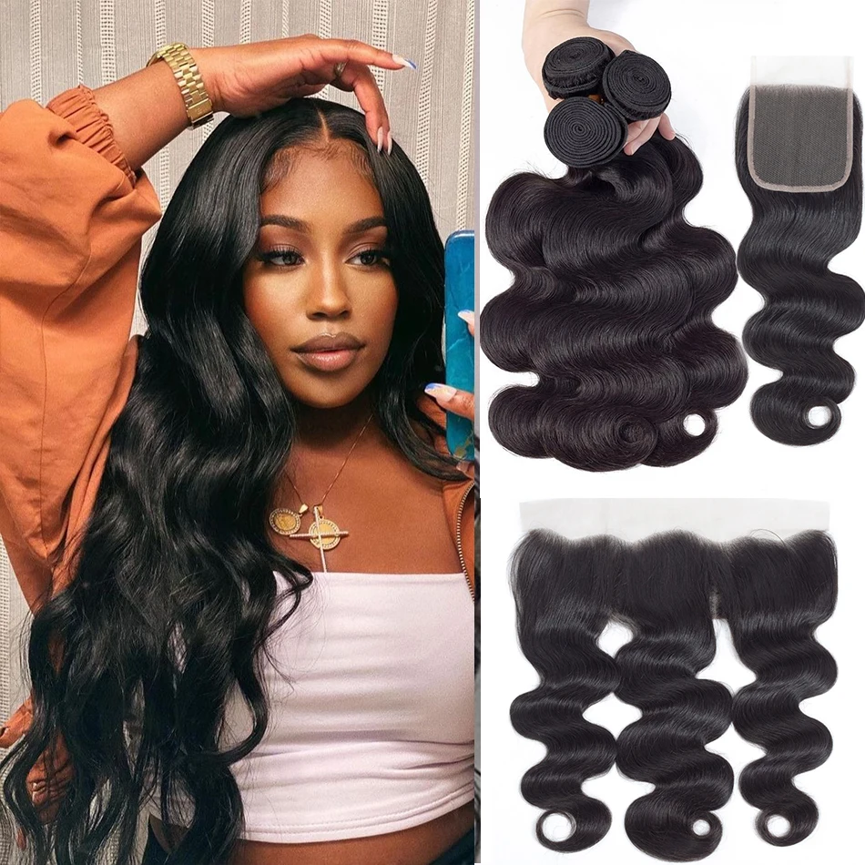 30 Inch Body Wave Human Hair Bundles with Lace Frontal Closure Peruvian Hair Bundles with Closure Remy 100% Human Hair Extension