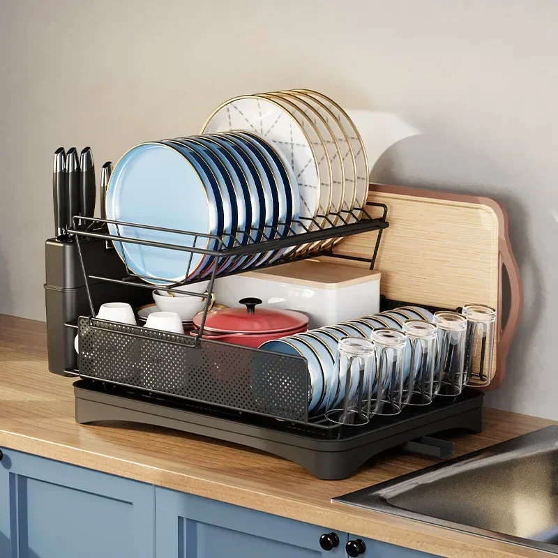 Dish drain rack Double-layer kitchen countertop tableware Plate storage rack Household multi-functional bowl and chopstick rack