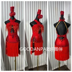 Ready-made dress in stockSexy Women Latin Dance Competition Dress with bodysuit bra cup Salsa Samba Rumba Stage Dance Wear red