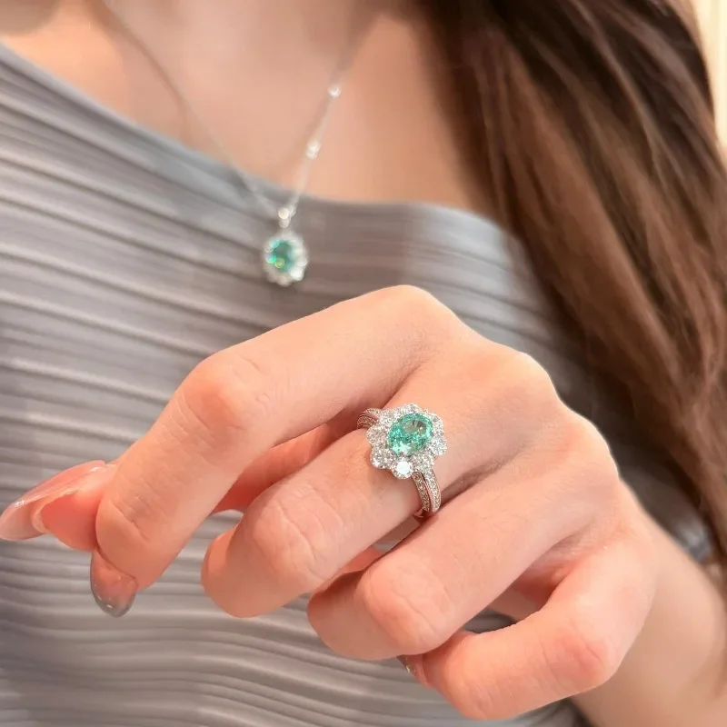 

Модные роскошные комплекты ювелирных украшений из серебра 925 пробы сине-зеленого цвета в стиле ретро и романтического цвета с бриллиантами Параиба, элегантное кольцо с цветком солнца