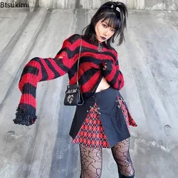 New 2025 Women's Punk Gothic Striped Hollow Out Sweater Color Block Long Sleeve Ripped Y2K Tops Pullovers Retro Knitted Jumpers