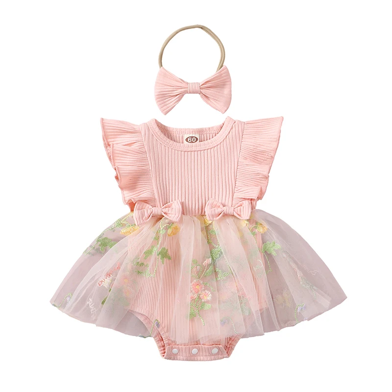 

Baby Girls Rompers Dress Fly Sleeve Flower Embroidery Tulle Skirt Hem Infant Bodysuits Summer Clothes with Headband