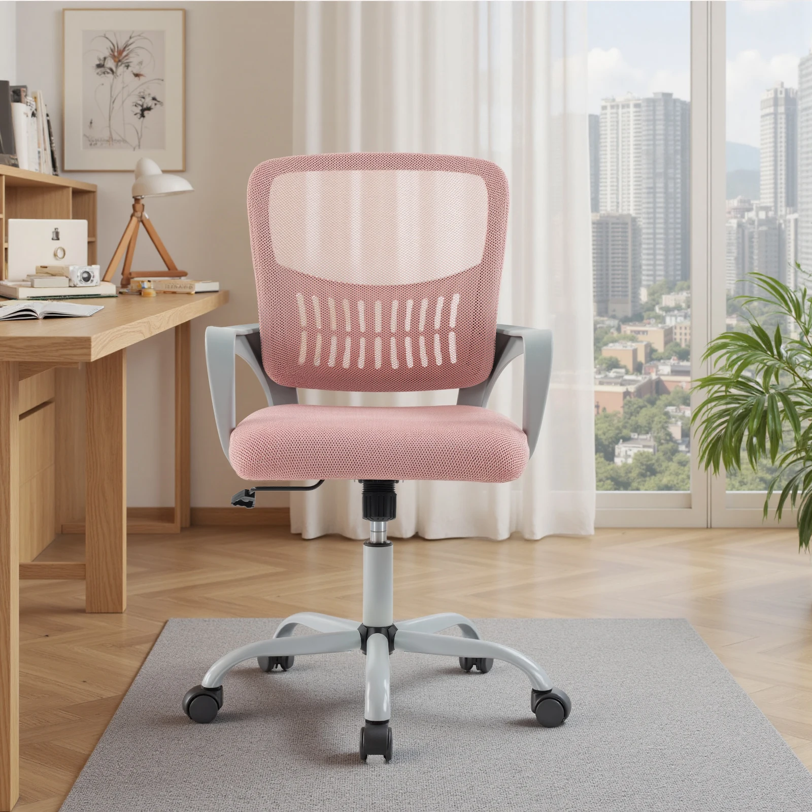 Ergonomic Mid Back Computer Office Chair, Fixed Armrest Design with Lumbar Support, 360° Swivel Height Adjustable Desk Chair