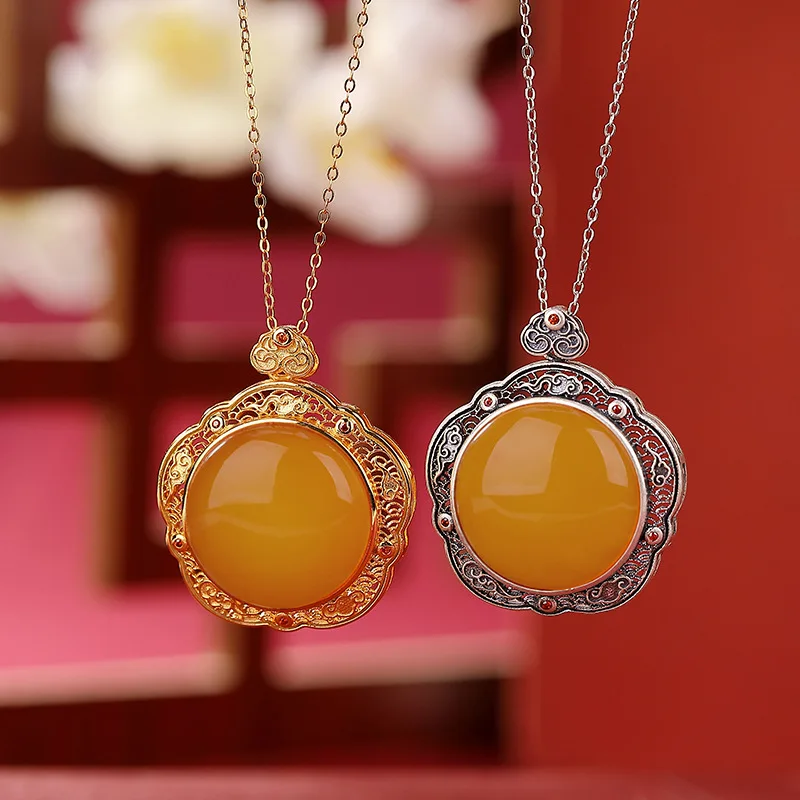 S925 Sterling Gold-Plated Amber Old Wax Cloud Ruyi Filigree Pendant Hollow Silver Hanging Ornament
