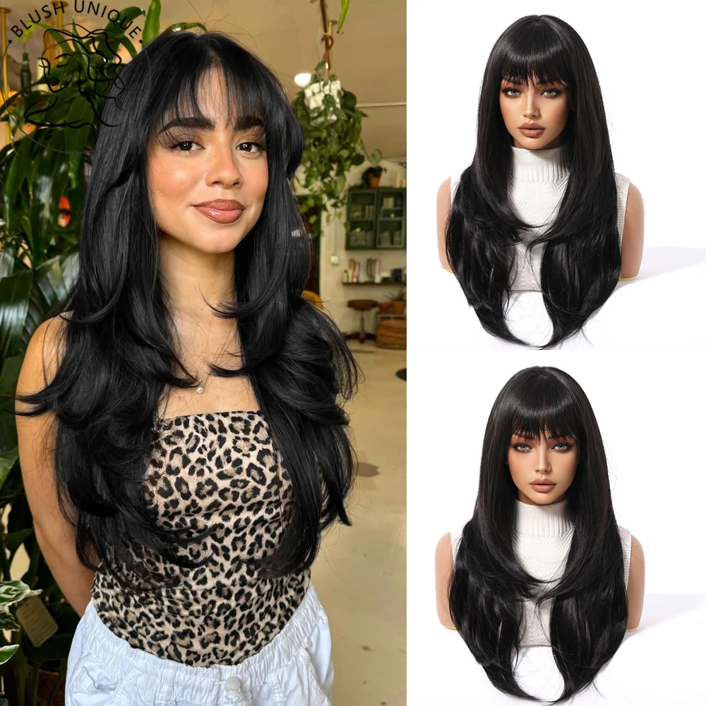 

Черный многослойный парик с челкой для женщин, синтетический многослойный парик, стрижка бабочки с челкой, термостойкие бесклеевые парики