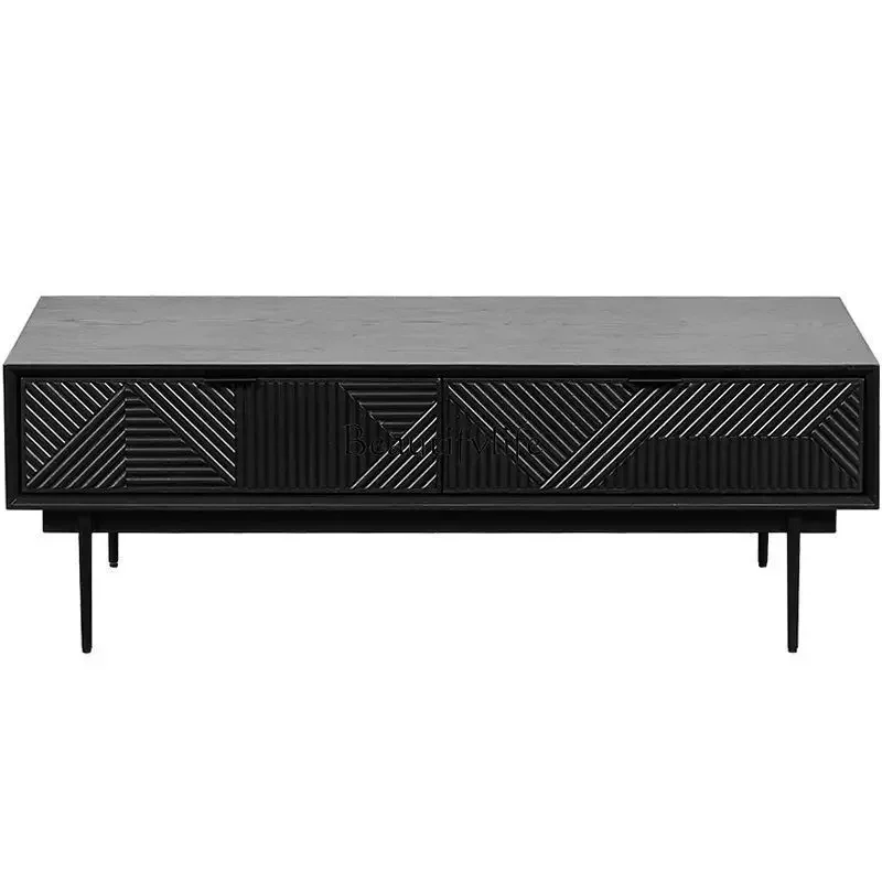 

D06Nordic retro style solid wood tea table medieval solid wood carving flower drawer rectangular coffee table small apartment