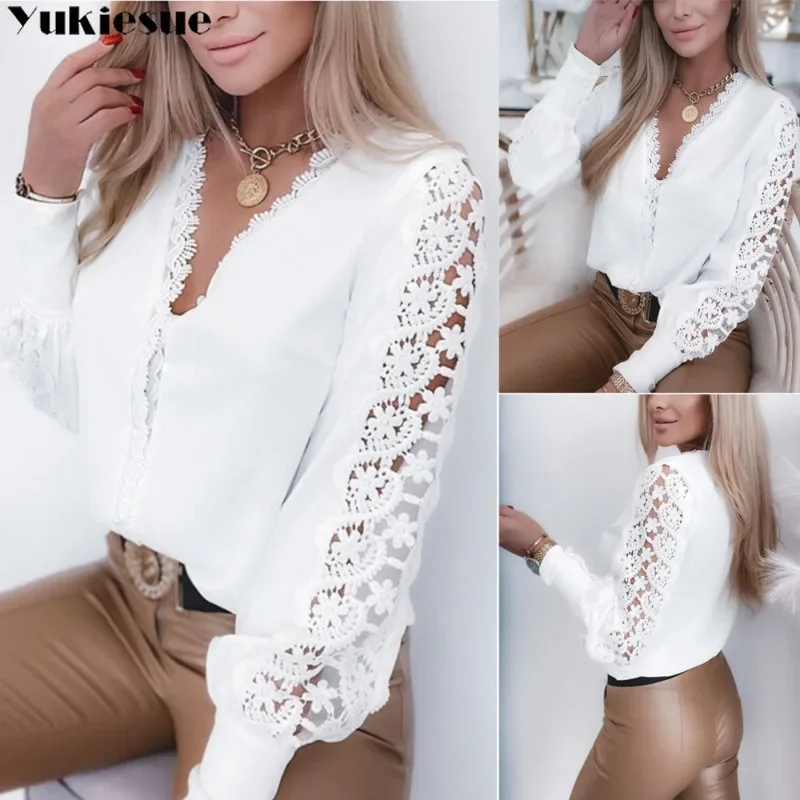 

Women's Casual Loose Blouse Shirts Lace Cutout Long Sleeve V-neck Shirt Summer Button Down Elegant Solid Shirt Tops blouse women
