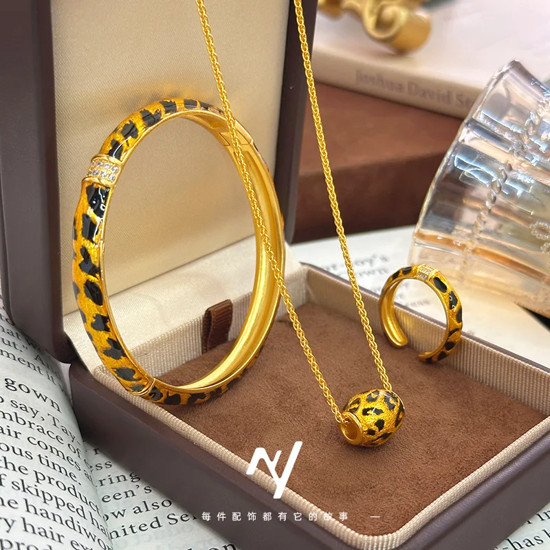 9999 24K Real Gold Diamond Leopard Print Ring Necklace Bracelet Women's Light Luxury High-end Versatile Three-piece Set