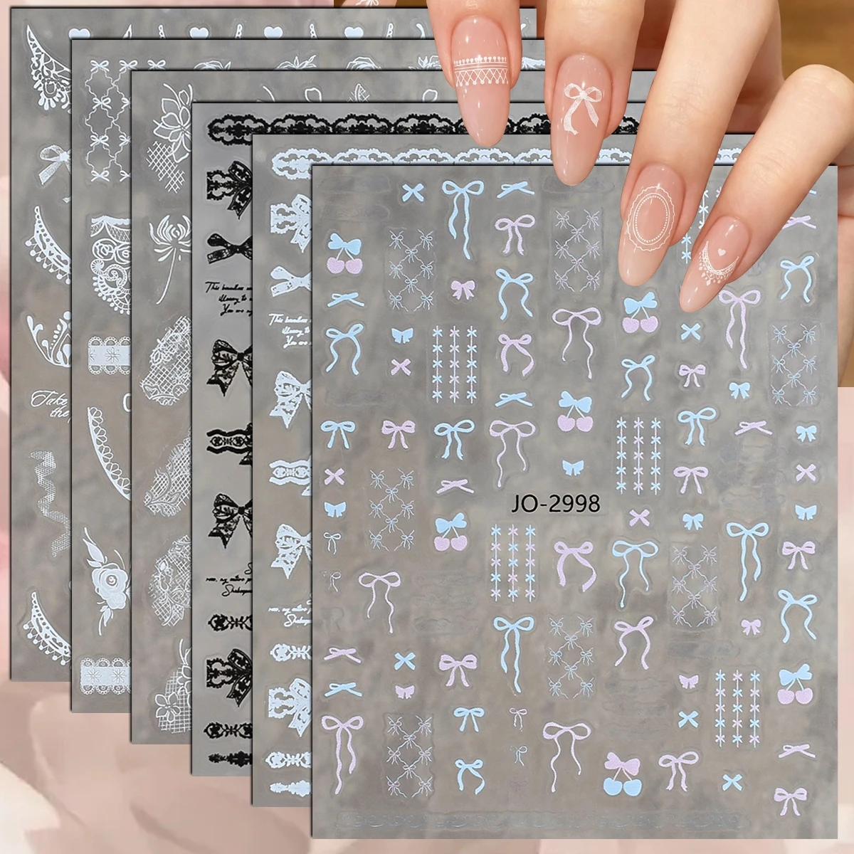 3 bis 12 Blatt 3D-Schleifen-, Spitzen-, Kirsch-, Rosen-, Herz-, viktorianische, kokette, Balletcore selbstklebende Nagelkunst-Aufkleber