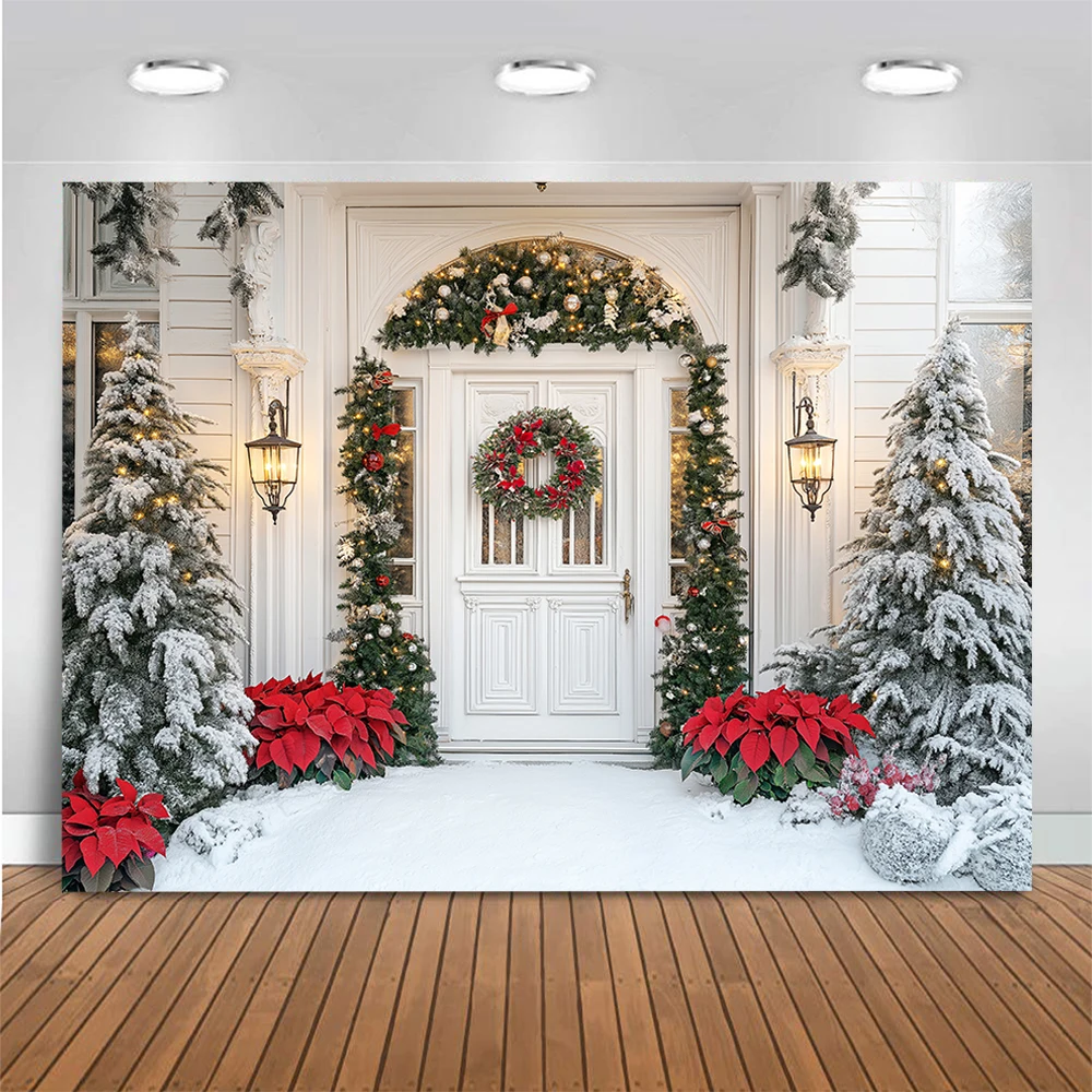 Christmas Front Door Cottage Backgrounds Adult Kids Portrait Photography Backdrop Snowflake Streets Photocall Photo Studio Props