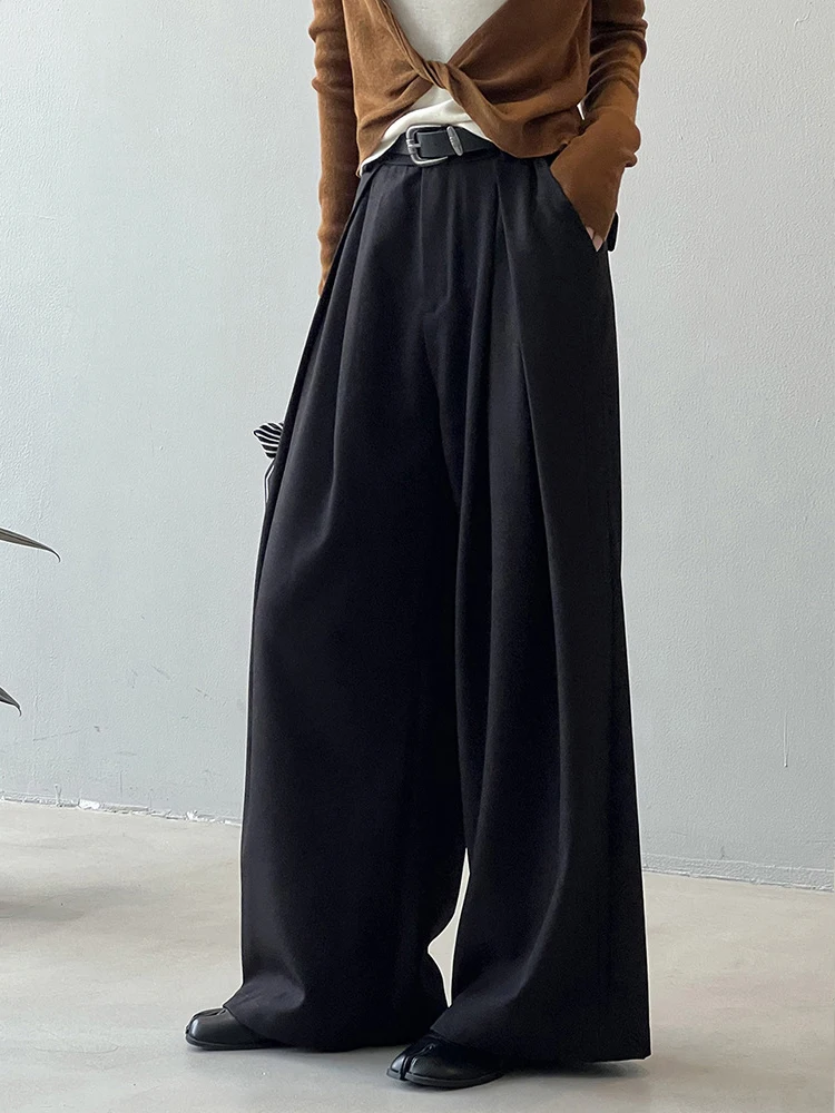 [LANMREM] Pleated High Waist Wide Leg Pants For Women Solid Straight Office Lady Loose Trousers Fashion 2024 Autumn New 26C493