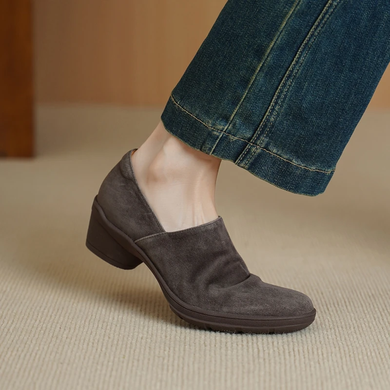 2026 Autumn New Women's Shoes Natural Suede Leather Round Toe Slip-on Pumps 4.5cm Thick Med Heel OL Style Soft Comfort Shoes