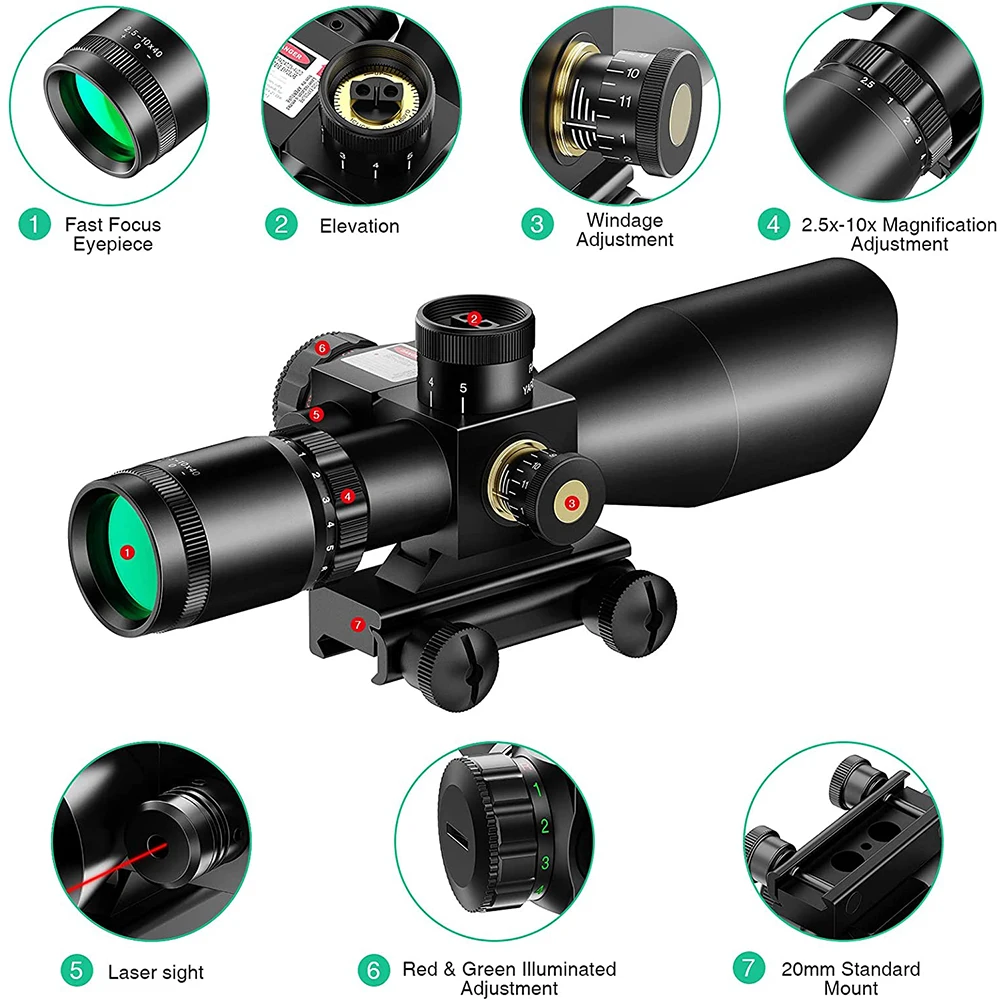 2.5-10X40 Scope Laser Combo Red/Green Illuminated Riflescope with Laser Sight 20mm Rail Optical Sight for Hunting Shooting