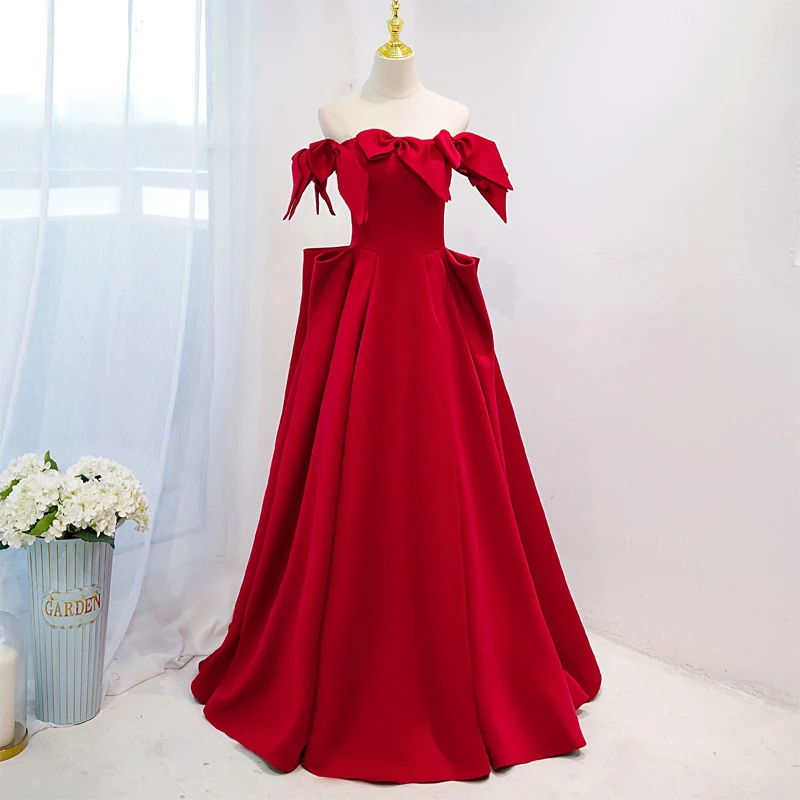 

New Bow Boat Neck Evening Dress Simple Short Sleeves Lace Up Floor Length A-Line Luxurious Plus Size Women party Dresses B2537