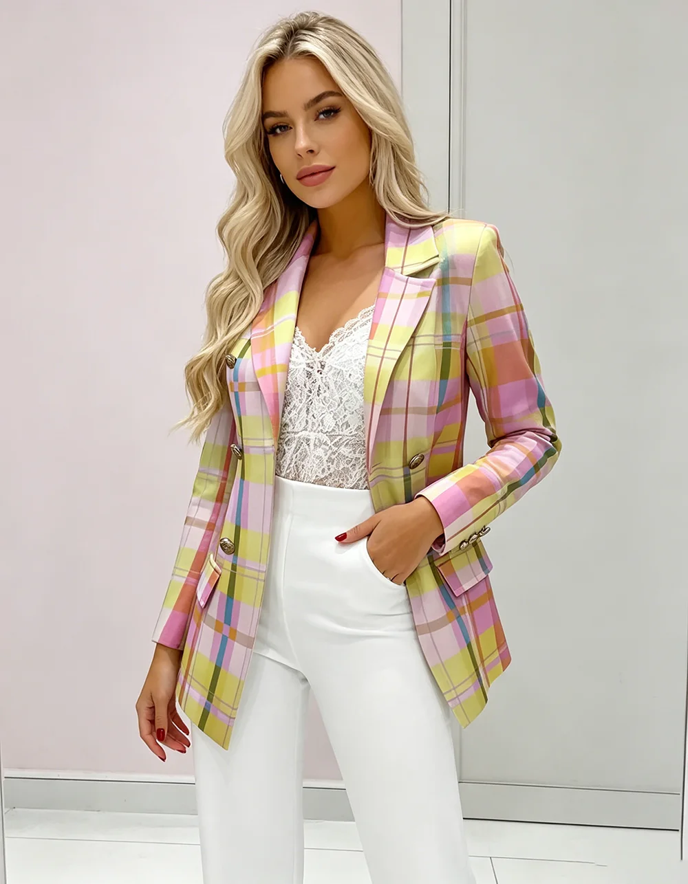 1pc Women Pastel Plaid Blazer, Chic Preppy Style Gold Button Decorated Double Breasted Blazer, Tailored Slim Fit Workwear