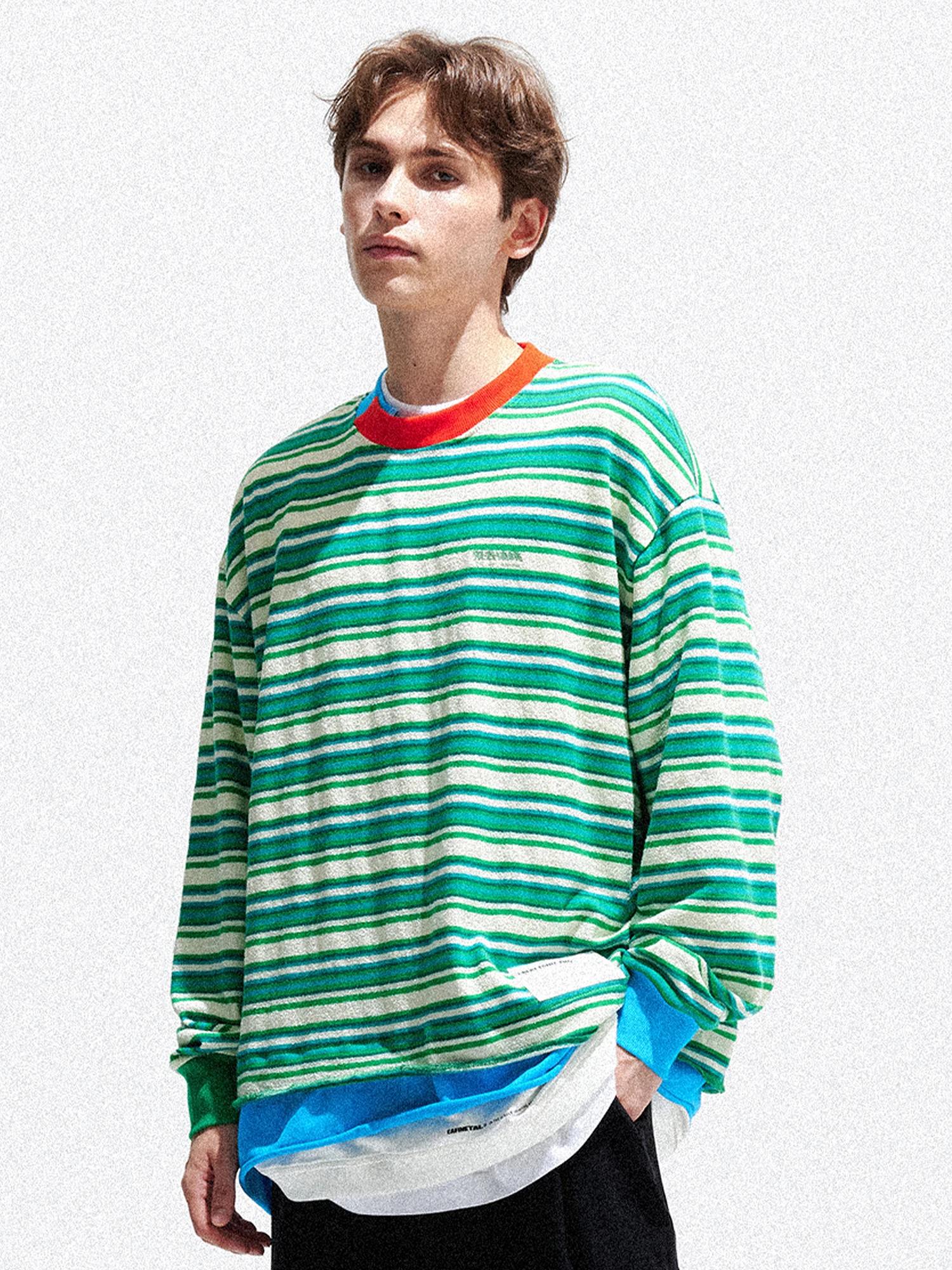 

EINETAL Color Blo Stripe Long Sve T-irt Layered Design Multi-Layered Patchwork round Ne Youth Trendy Loose Fit Men...