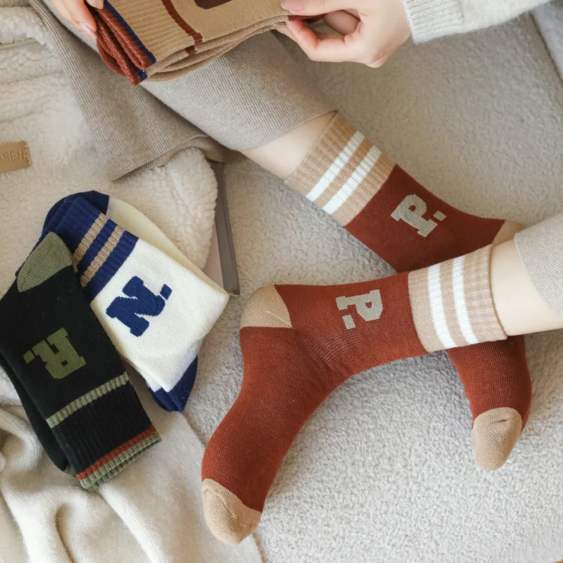 4 Pairs Women's Socks Set Korean Alphabet Preppy Style Simple Autumn Mid Tube Winter Thick Warm Socks Fashion Versatile Socks