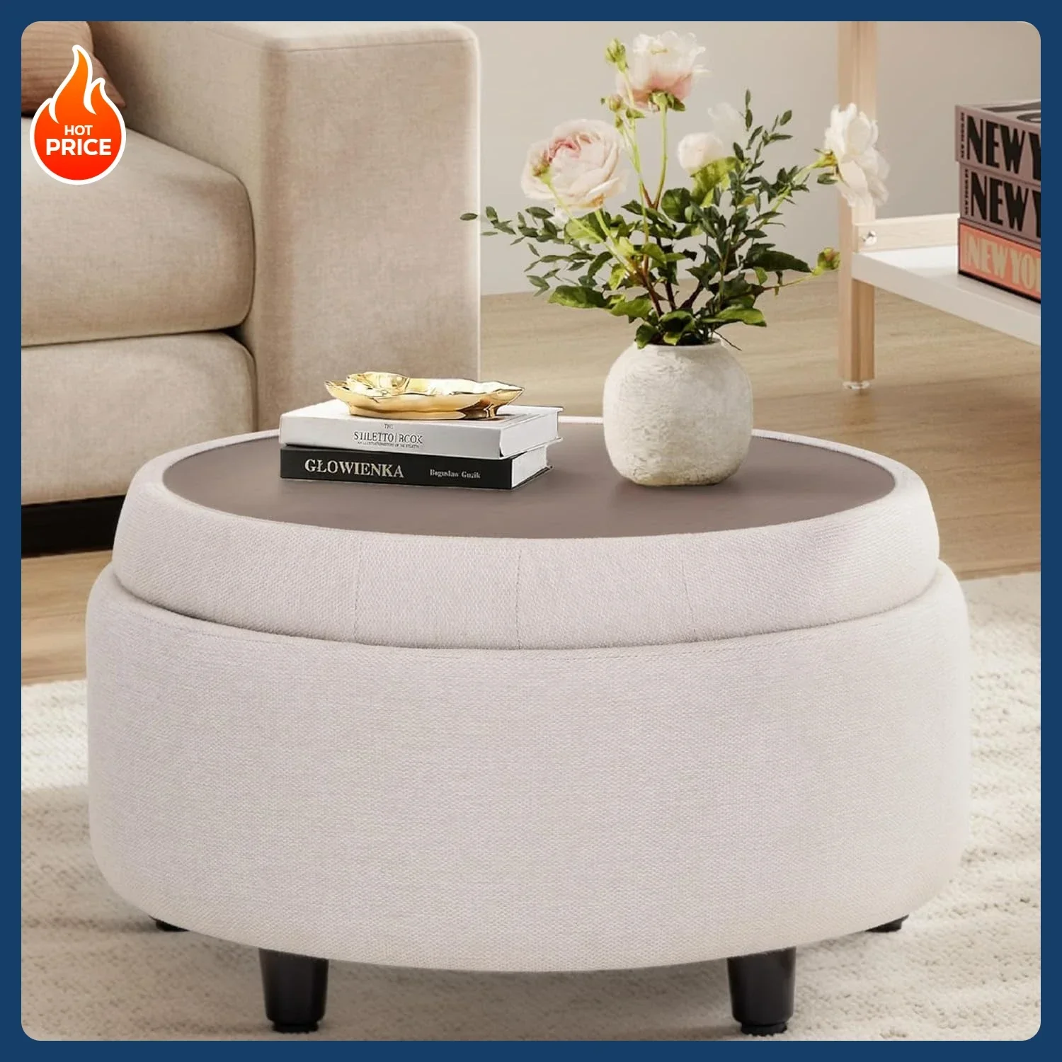 

Бестселлер! Круглый тканевый пуф-оттоманка с откидной крышкой-подносом – многофункциональная подставка для ног, скрытое хранилище, прочный и стильный дизайн