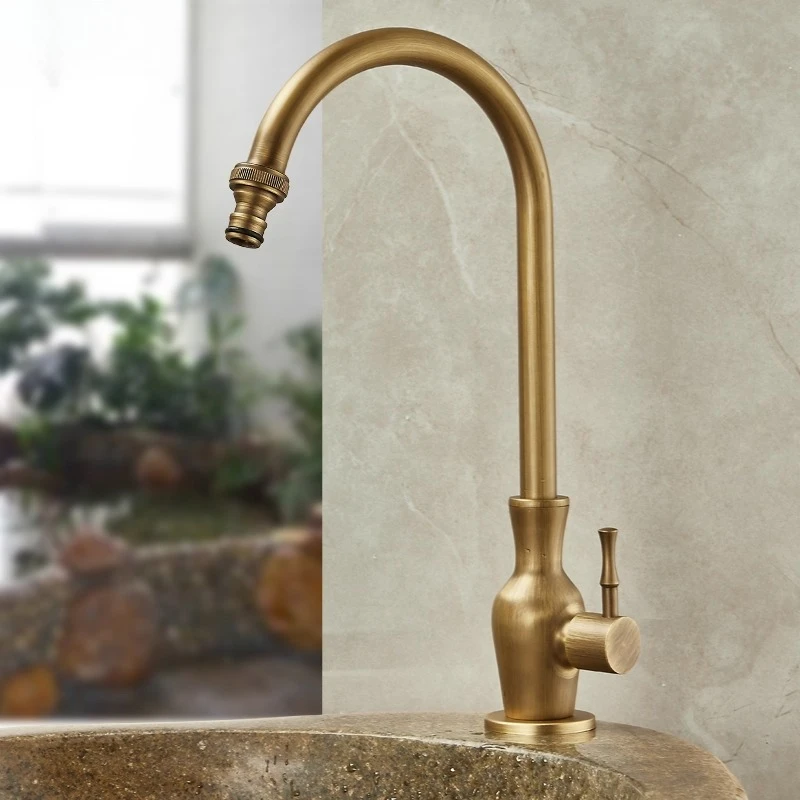 Outdoor Antifreeze Faucet Antique Brass Balcony Wash Basin Single Cooling Faucet Vanity 360°Swivel Rotate Spout Only Cold Tap