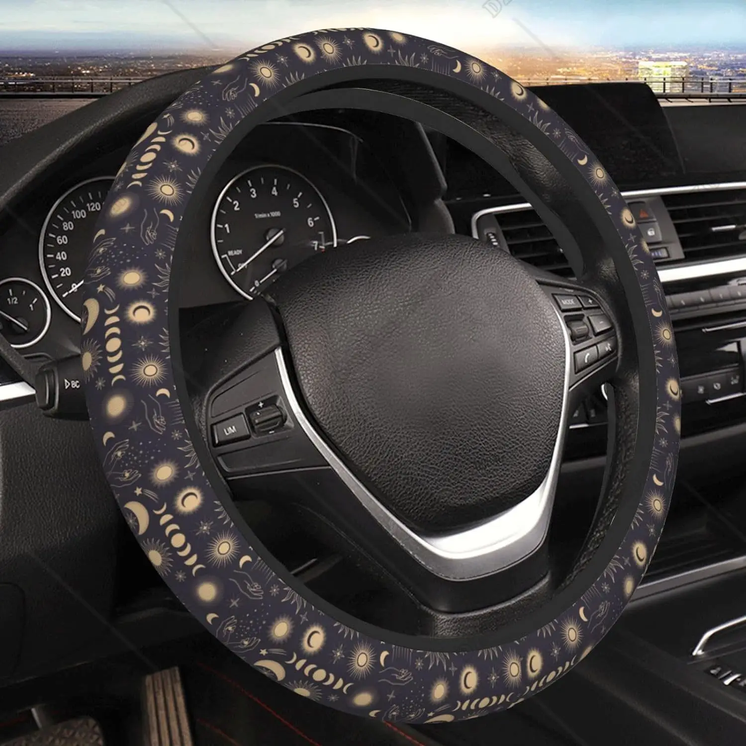 Car Steering Wheel Cover Universal 15 Inch Vintage Mystical Sun Moon Stars Celestial Space Steering Wheel Protector Car Decor