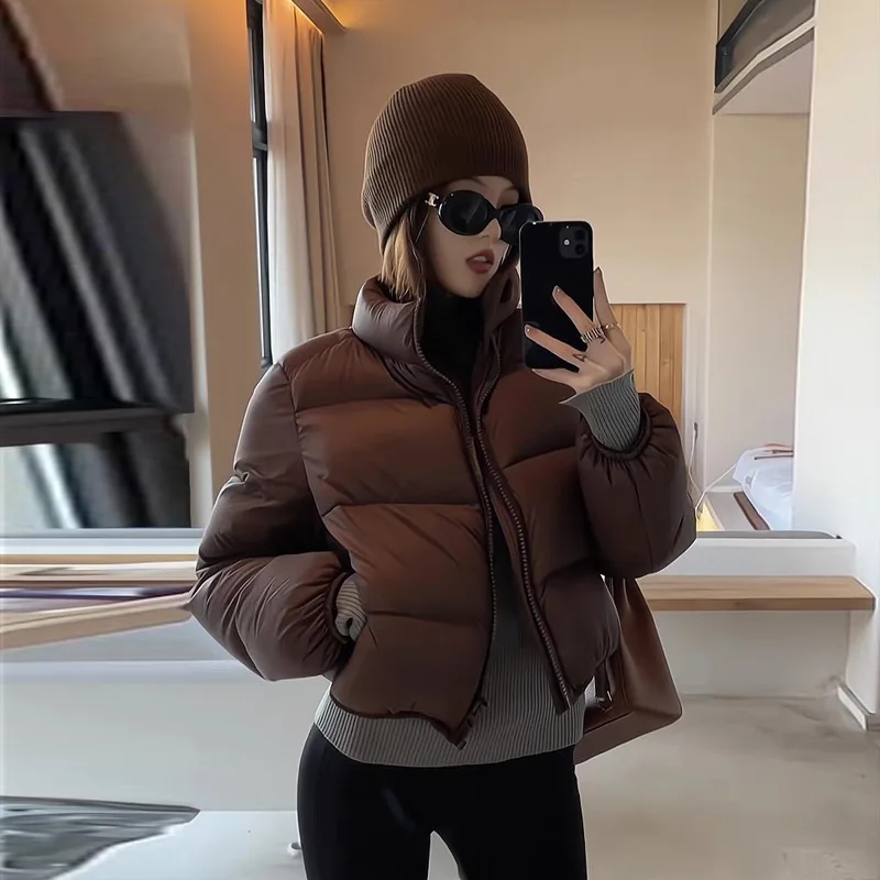 المرأة قصيرة أسفل معطف القطن شتاء جديد الوقوف طوق سترة منتفخة سترة سميكة معطف دافئ أسود سيدة مبطنة بالقطن أبلى