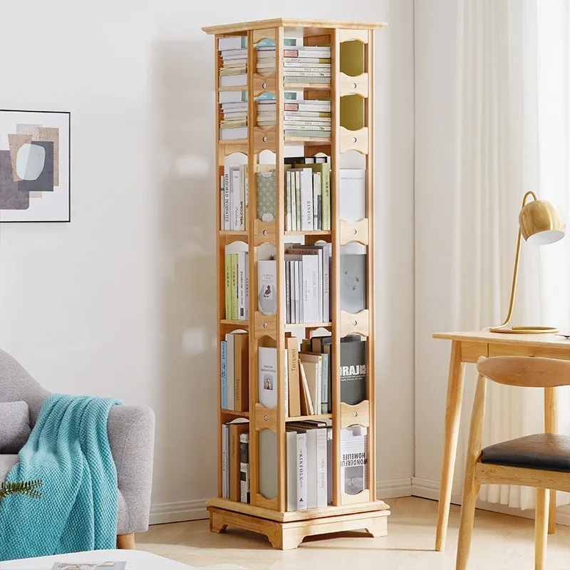 رف كتب دوار من الخشب الصلب، وخزانة كتب على الأرض، ورف تخزين أثاث منزلي