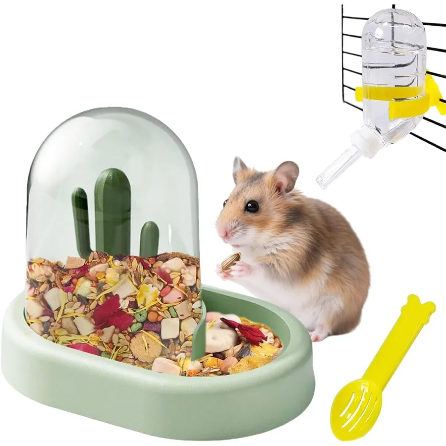 وعاء توزيع طعام الفئران الأوتوماتيكي مع زجاجة مياه ووعاء طبق الطعام لجربوع الفأر القزم باللون الأخضر