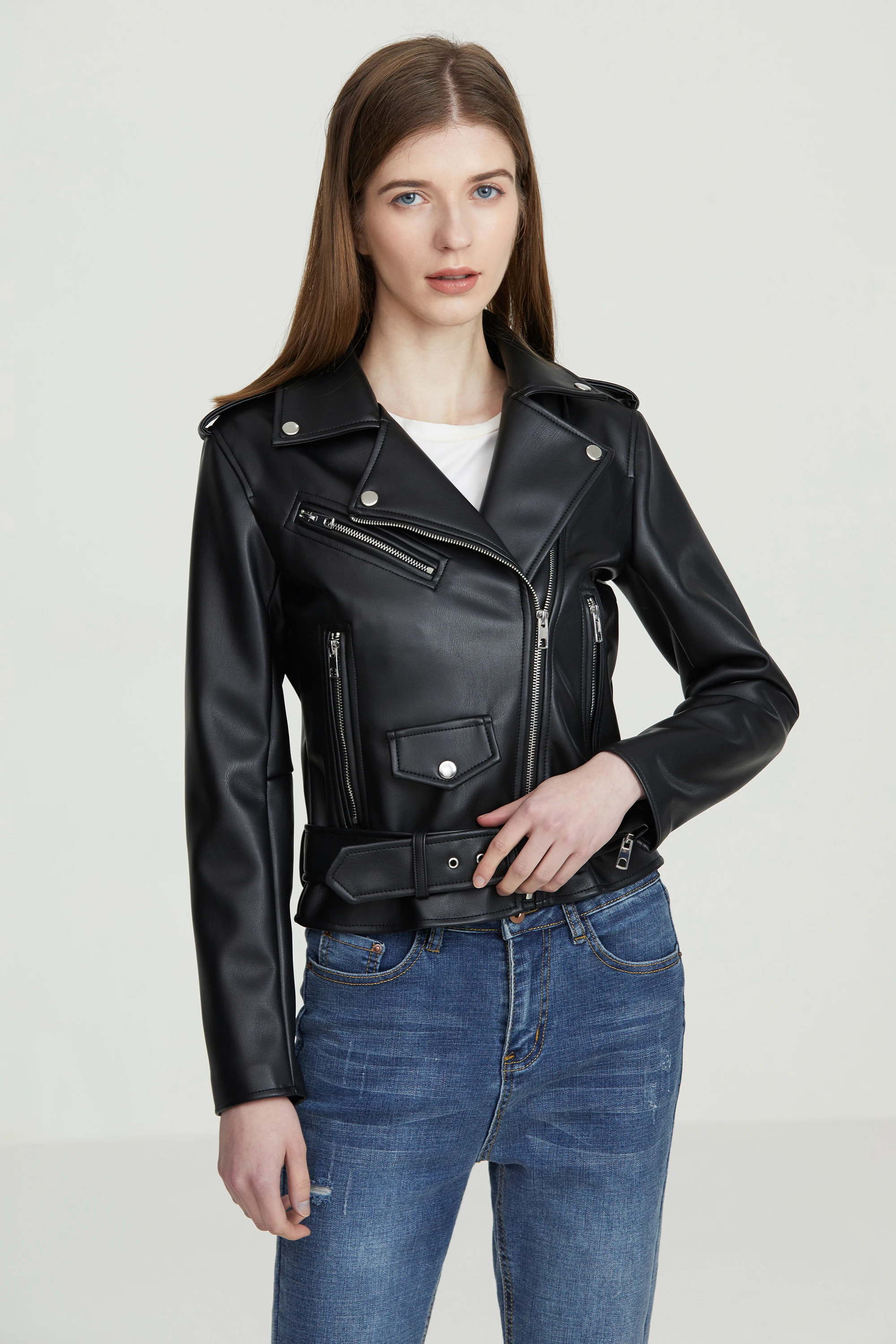 Dames Moto Biker zwarte punk jas dame met riem leren jas kunst PU lederen bovenkleding