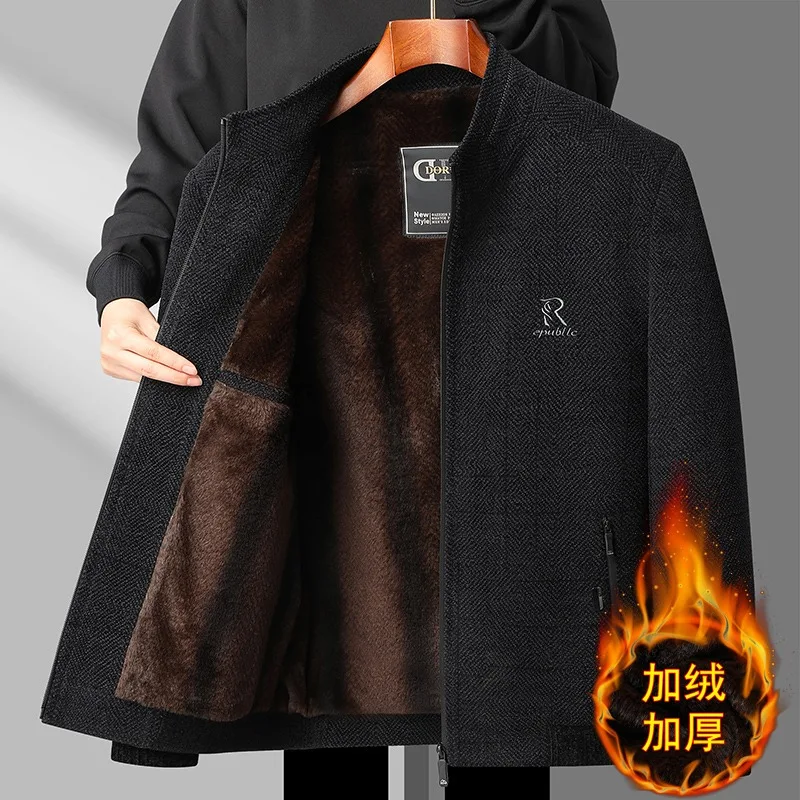 

Autumn Winter Add Velvet Warm Woolen Jacket for Men Retro Business Casual Wool Blends Coats Social Streetwear Overcoat M-3XL