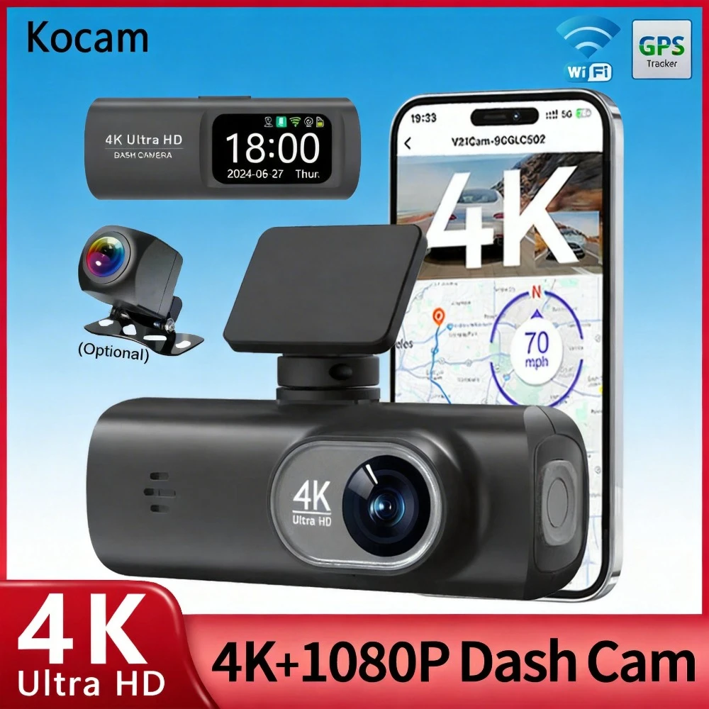 

Автомобильный видеорегистратор UHD 4K с двумя объективами и Wi-Fi, опциональная задняя камера 1080P, GPS, круглосуточный мониторинг парковки, черный ящик