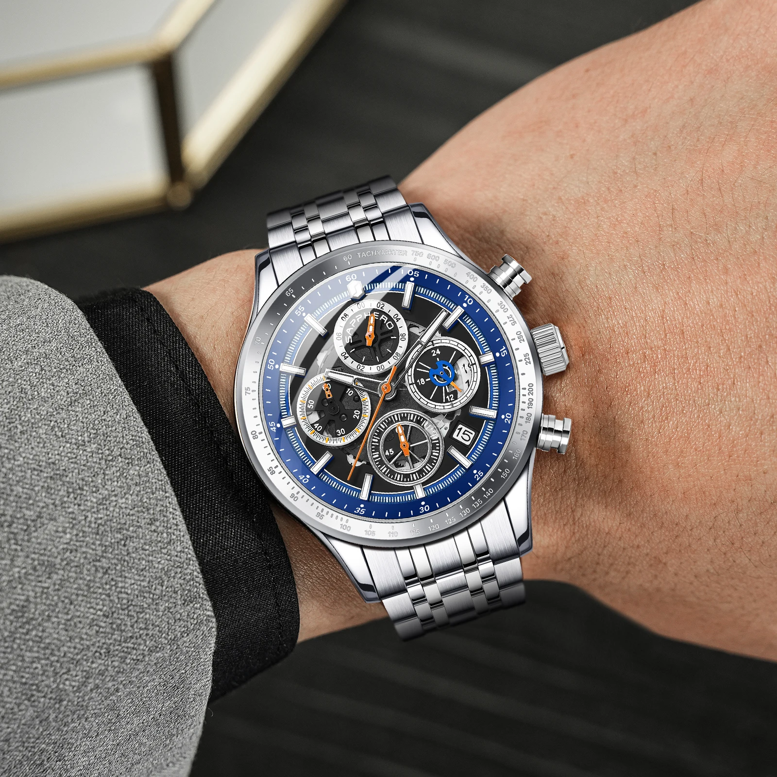 SAPPHERO Men's Quartz Chronograph Watch, Stainless Steel Bracelet, Alloy Case, Date Display, 50mm Analog Dial, 10ATM Waterproof