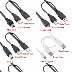 Supply Black 0.6M USB 2.0 3.0 dual USB male to Micro Mini USB A B C male portable storage device cable with power supply