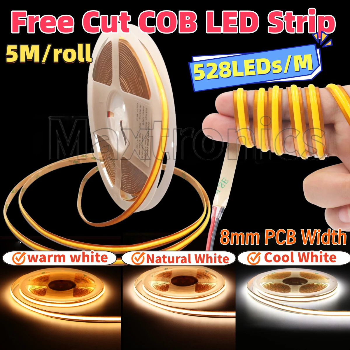 5m/rolo corte livre cob led luz de tira 528leds/m 8mm largura pcb quente/branco natural/branco frio iluminação linear 12/24v fita flexível