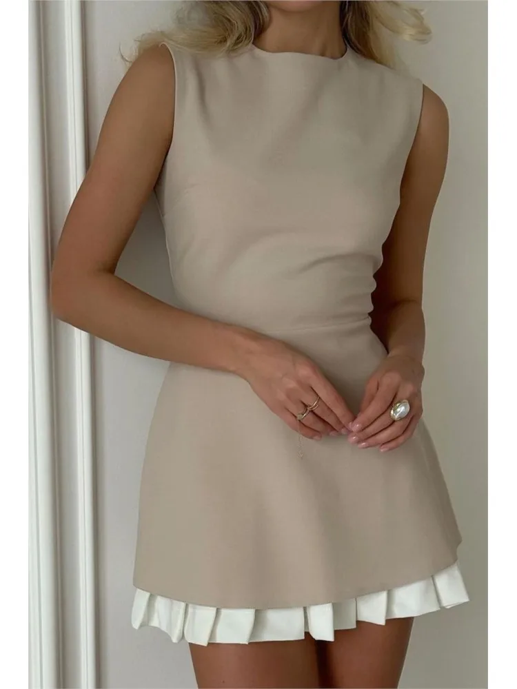 

Fashionable And Elegant Patchwork Pleated Mini Dress 2026 Women's Summer Sleeveless Office Ladies Commuting Slim Skirt Female