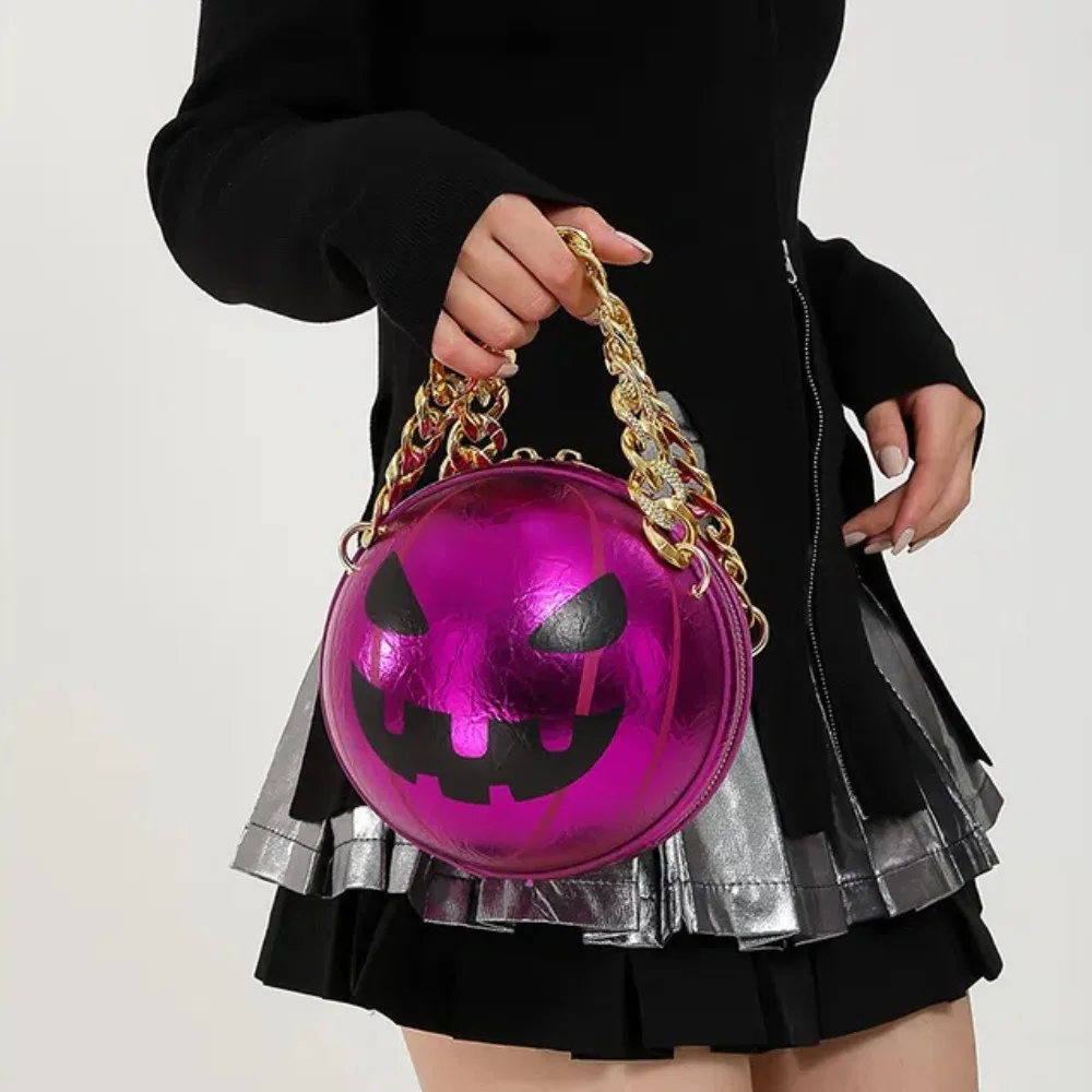 PU Leather Pumpkin Round Bag Alloy Large Capacity Halloween Ball Bag Waterproof Solid Color Ghost Chain Handbag Festival