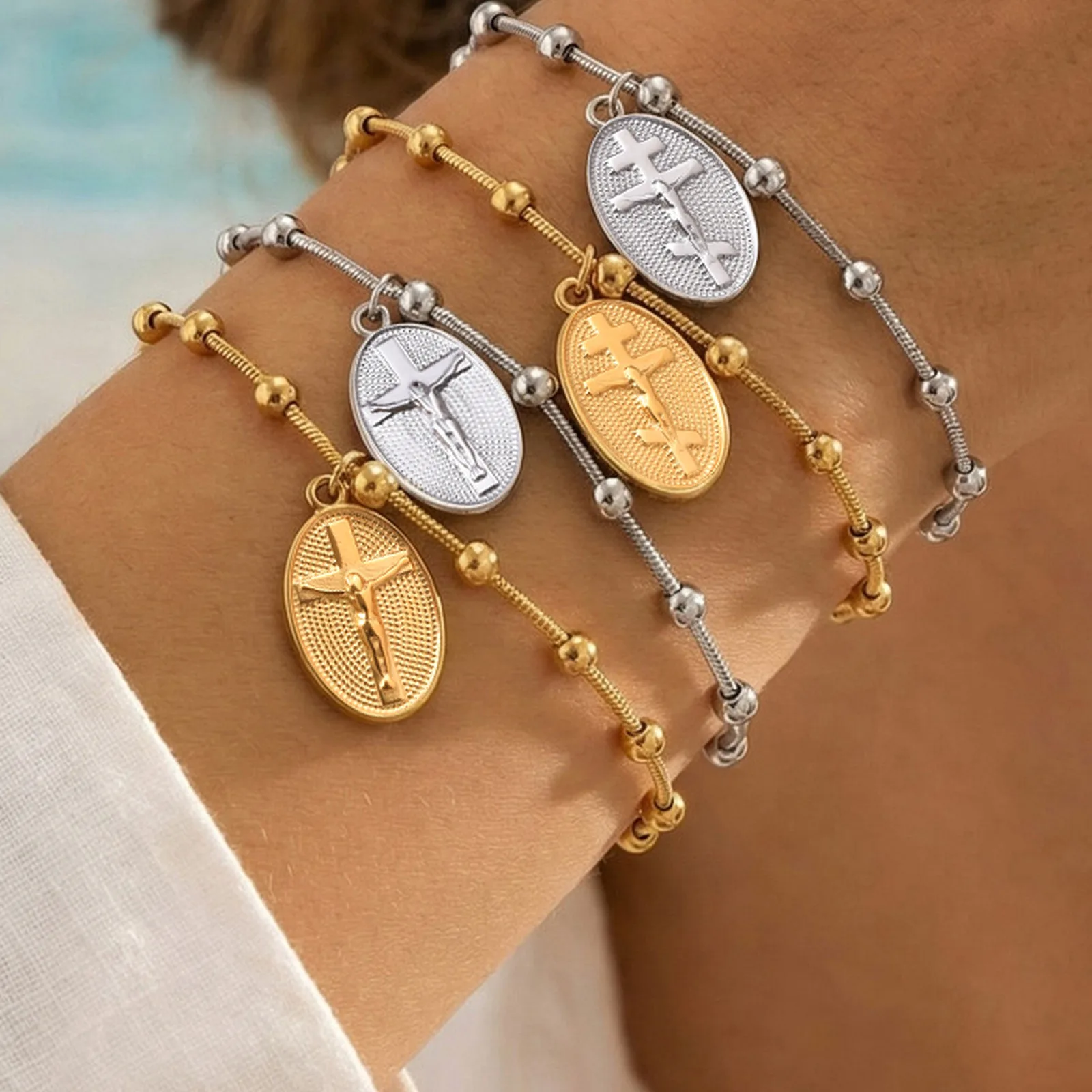 Vnox New Orthodox Cross Jesus Spacer Snake Chain Bracelet Stainless steel Adjustable Beaded Chain Catholic Religion Jewelry Gift