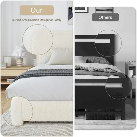 Boucle Upholstered Bed Frame Soft Rounded Corners Headboard/Low Profile Bed Frame/No Box Spring Needed