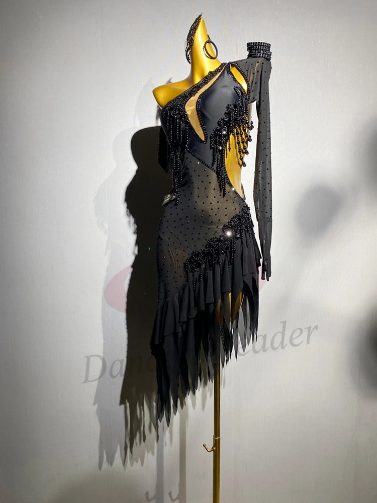 

Latin Dance Adult Children'S Dress AB Stone High-End Custom Black Patchwork Mesh Cha Cha Tango Women'S Clothing