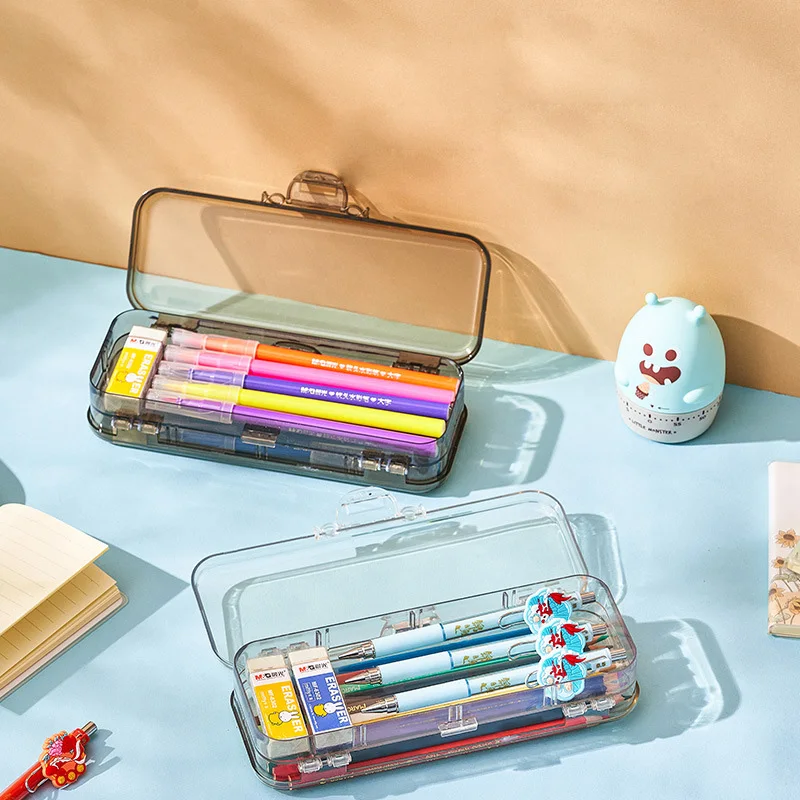 Trousse à crayons en plastique transparent Simple, boîte de rangement à Double porte et double ouverture, papeterie fournitures de bureau 19186