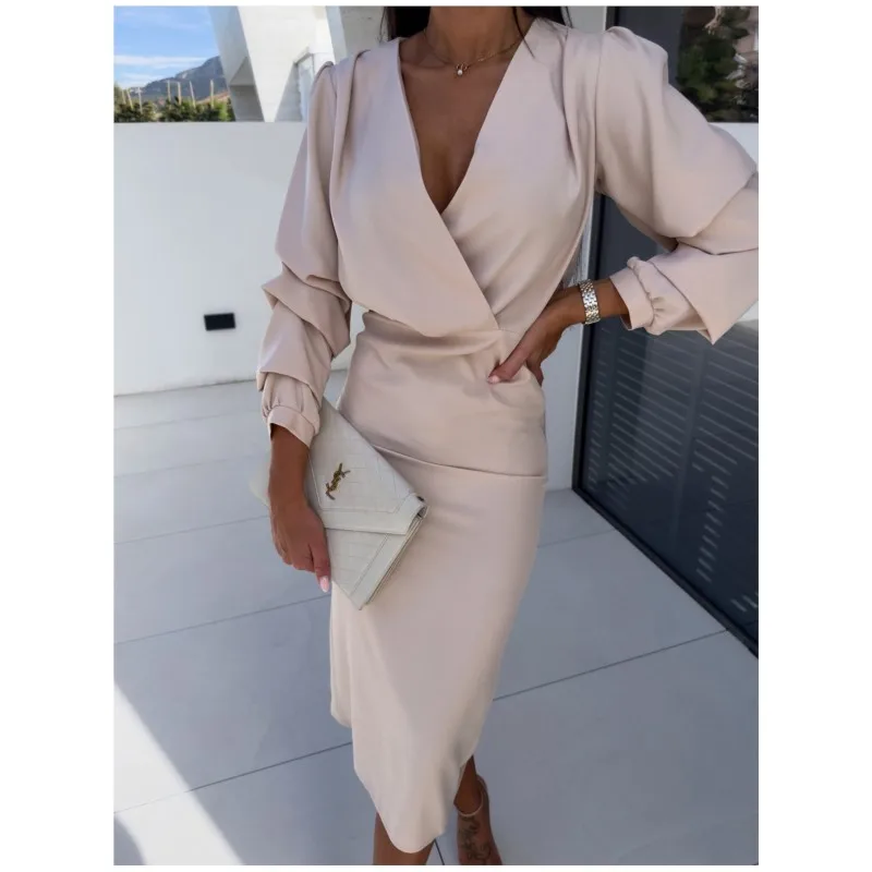 New Autumn Fashion Slim Fit V-neck Solid Color Hip Hugging Dress Women's Long Sleeved Khaki Elegant Versatile Mid Length Skirt