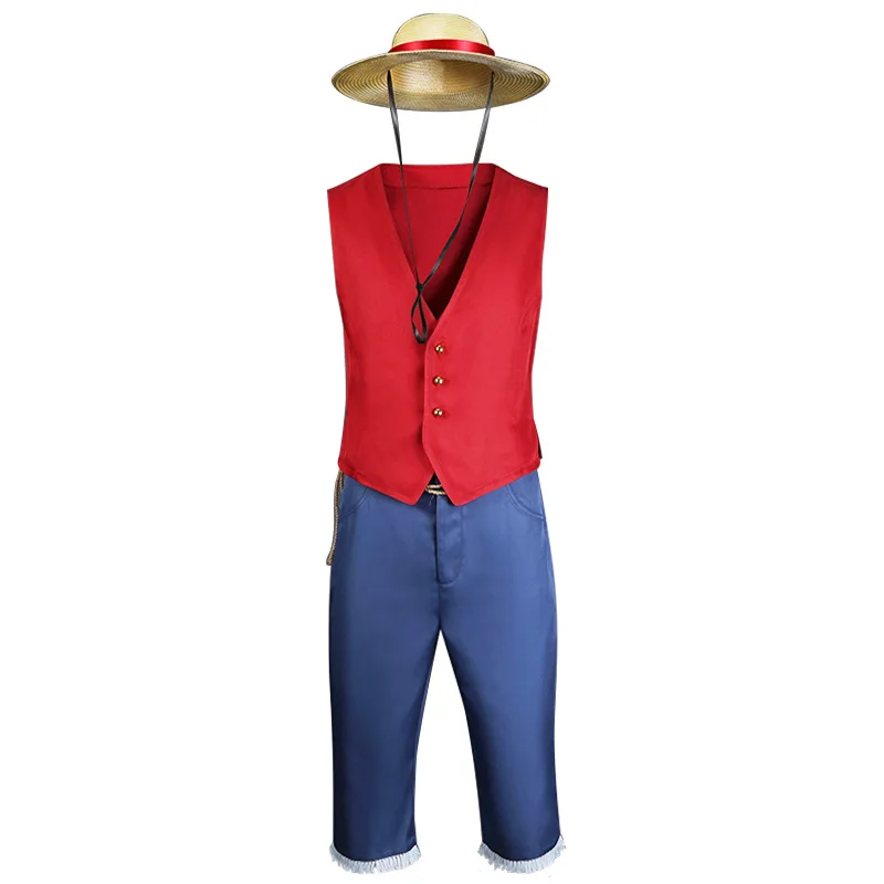 Anime One Piece Luffy Cosplay-Outfit Rote Weste Blaue Hose Strohhut-Set für Herren Halloween-Kostüme Cosplay-Kostüm