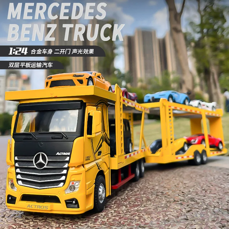 1:24 Double Decker Flatbed Transport Truck Alloy Diecast Car Model Toy with Sound Light Door Can Open Collection Gifts for Boy