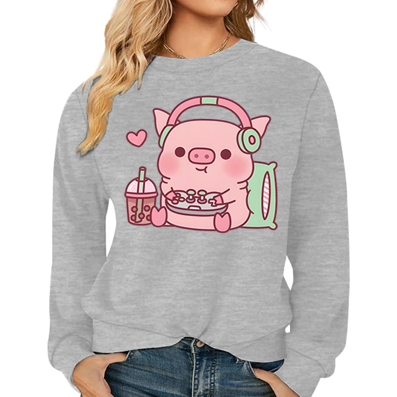 Casual Cartoon Women Sweatshirts Cute Gamer Pig Printed Hoodies Fleece Warm Pullover Street Crewneck Loose Female Y2K Tracksuit