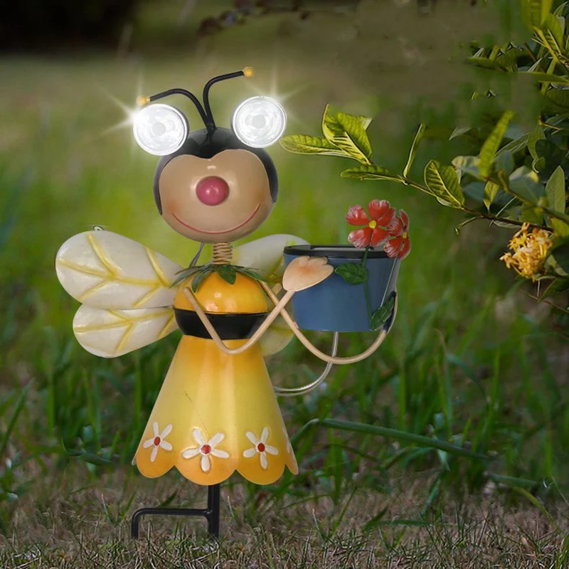 Solar Garden Outdoor Statues Cute Ladybug Bee Figurines with Waterproof Light Metal Insect Ornaments