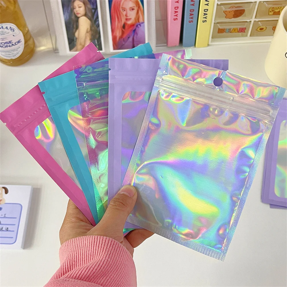 Thick Smell Proof Mylar Bags Holographic Laser Color Plastic Packaging Pouch Jewelry Retail Storage Pouch Gift Zip Lock Bag