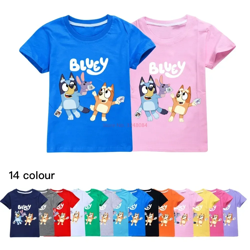 Bluey-Top estampado casual de verão, família bingo, gola redonda, algodão puro, camiseta de manga curta, presente para meninos e meninas, anime, novo