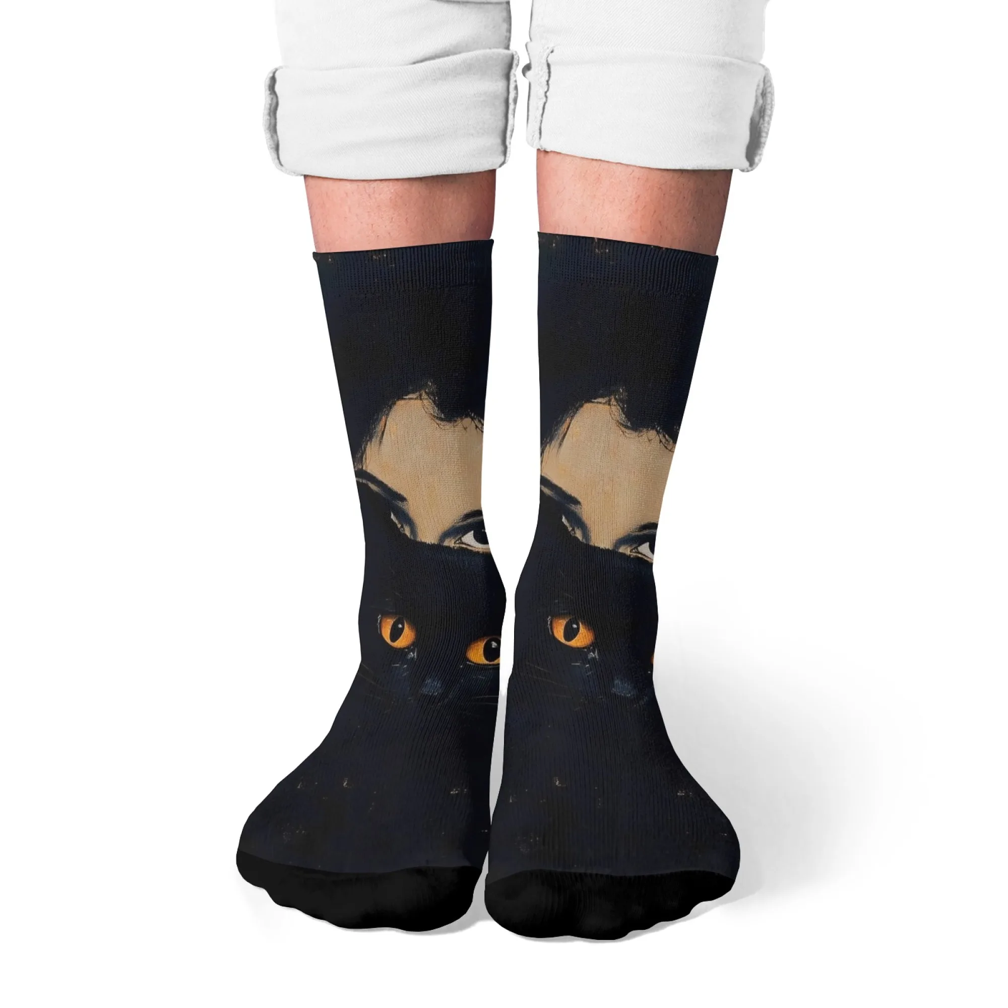 

Unisex Surreal Girl Cat Portrait Crew Socks，Mysterious Feline & Abstract Girl Design，Eerie Art Fashion for Gothic Trendsetters