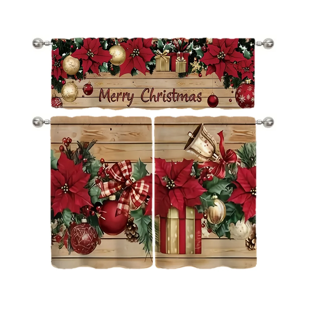  Poinsettia Gift Bell Christmas Kitchen Curtain, Rustic Wood Holiday Decor Rod Pocket Tier Curtains for Kitchen