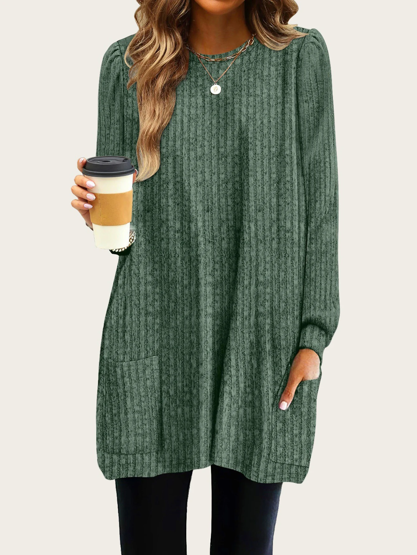 UNIKTEE Women's Long Sleeve round Neck Dress Autumn Winter Comfortable Solid Color Christmas Pockets Women's Dress